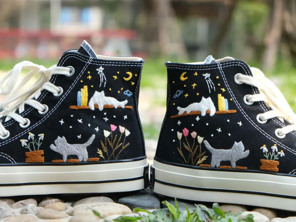 Cat And Bookshelf Embroidered Converse