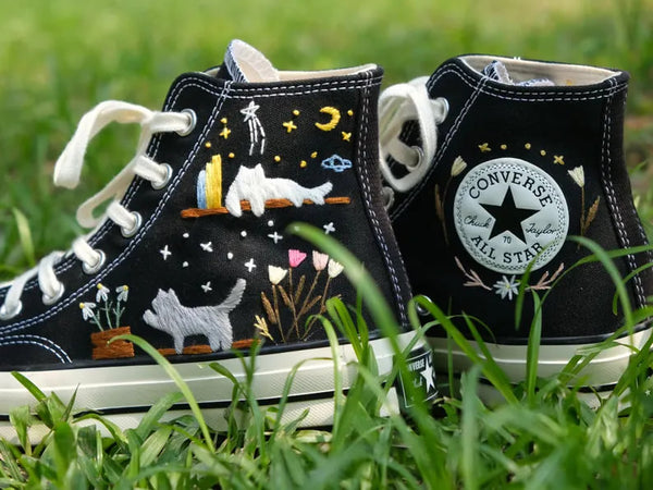 Cat And Bookshelf Embroidered Converse