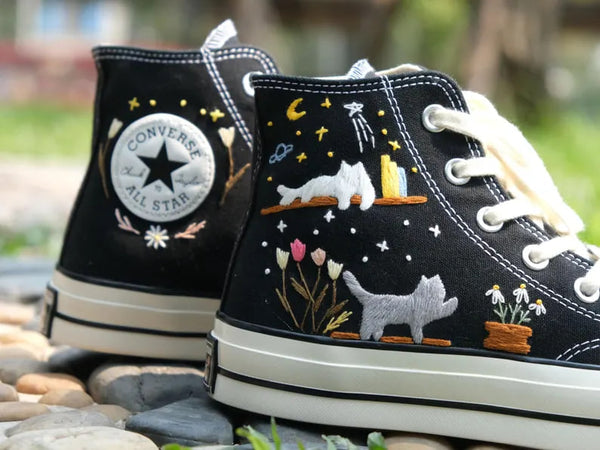 Cat And Bookshelf Embroidered Converse