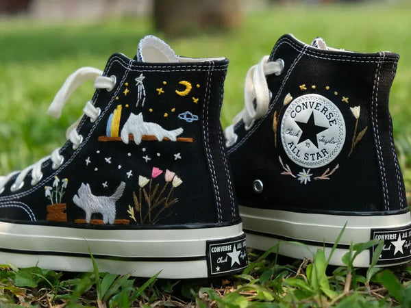 Cat And Bookshelf Embroidered Converse