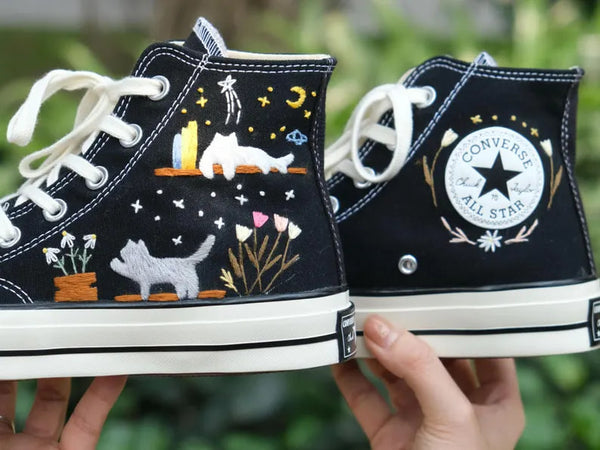 Cat And Bookshelf Embroidered Converse